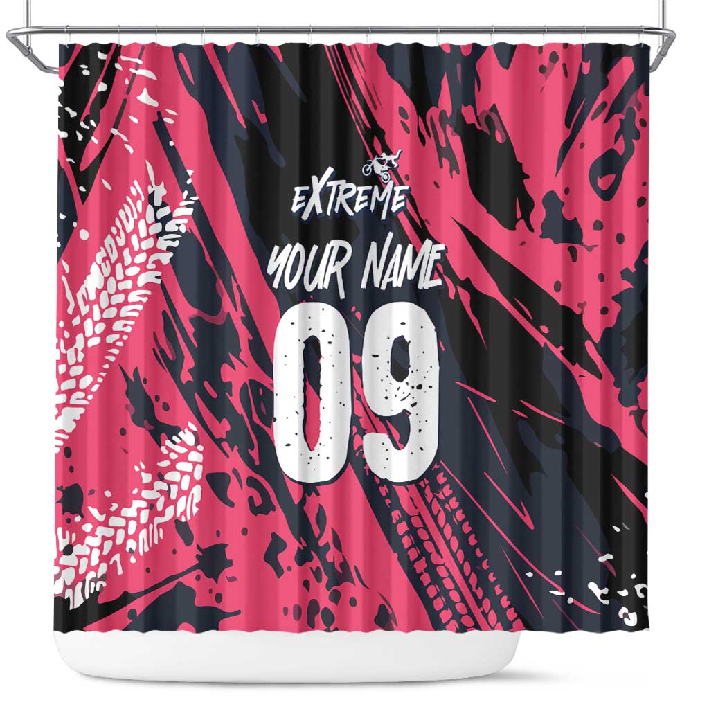 Custom Extreme Motocross Pink Shower Curtain with Bold Tire Track Graphics - Wonder Print Shop