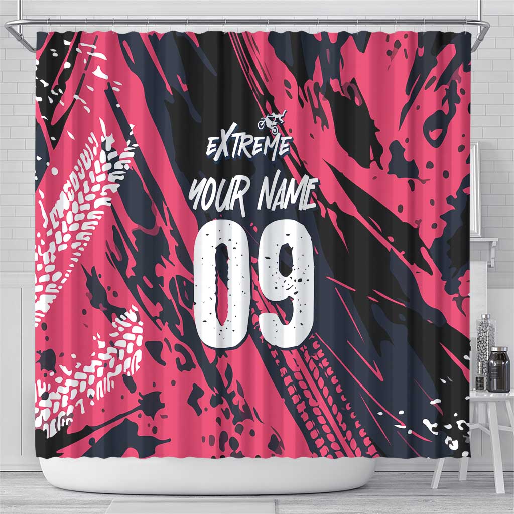 Custom Extreme Motocross Pink Shower Curtain with Bold Tire Track Graphics - Wonder Print Shop