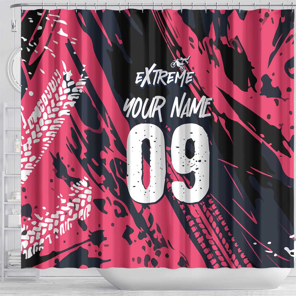 Custom Extreme Motocross Pink Shower Curtain with Bold Tire Track Graphics - Wonder Print Shop