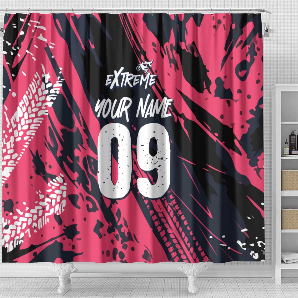Custom Extreme Motocross Pink Shower Curtain with Bold Tire Track Graphics - Wonder Print Shop