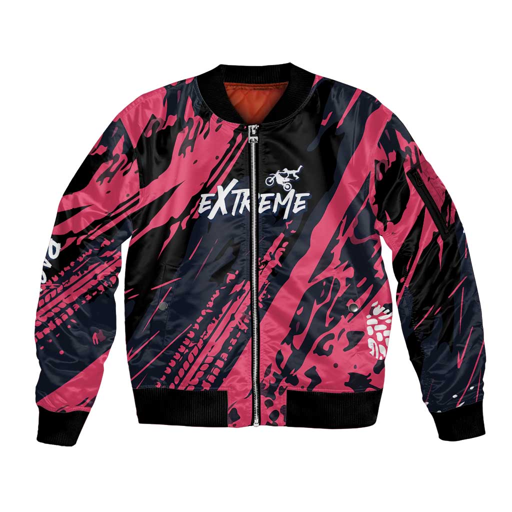 Custom Extreme Motocross Pink Sleeve Zip Bomber Jacket with Bold Tire Track Graphics - Wonder Print Shop