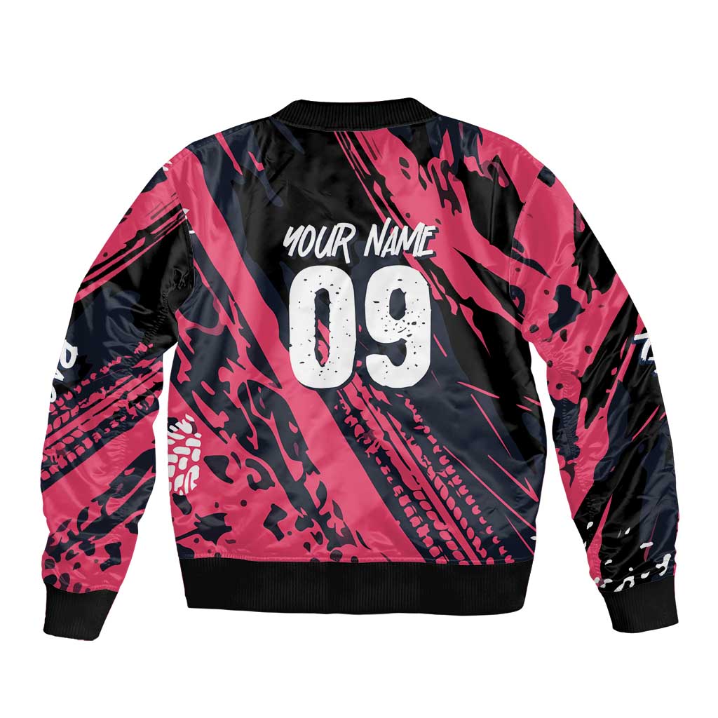Custom Extreme Motocross Pink Sleeve Zip Bomber Jacket with Bold Tire Track Graphics - Wonder Print Shop