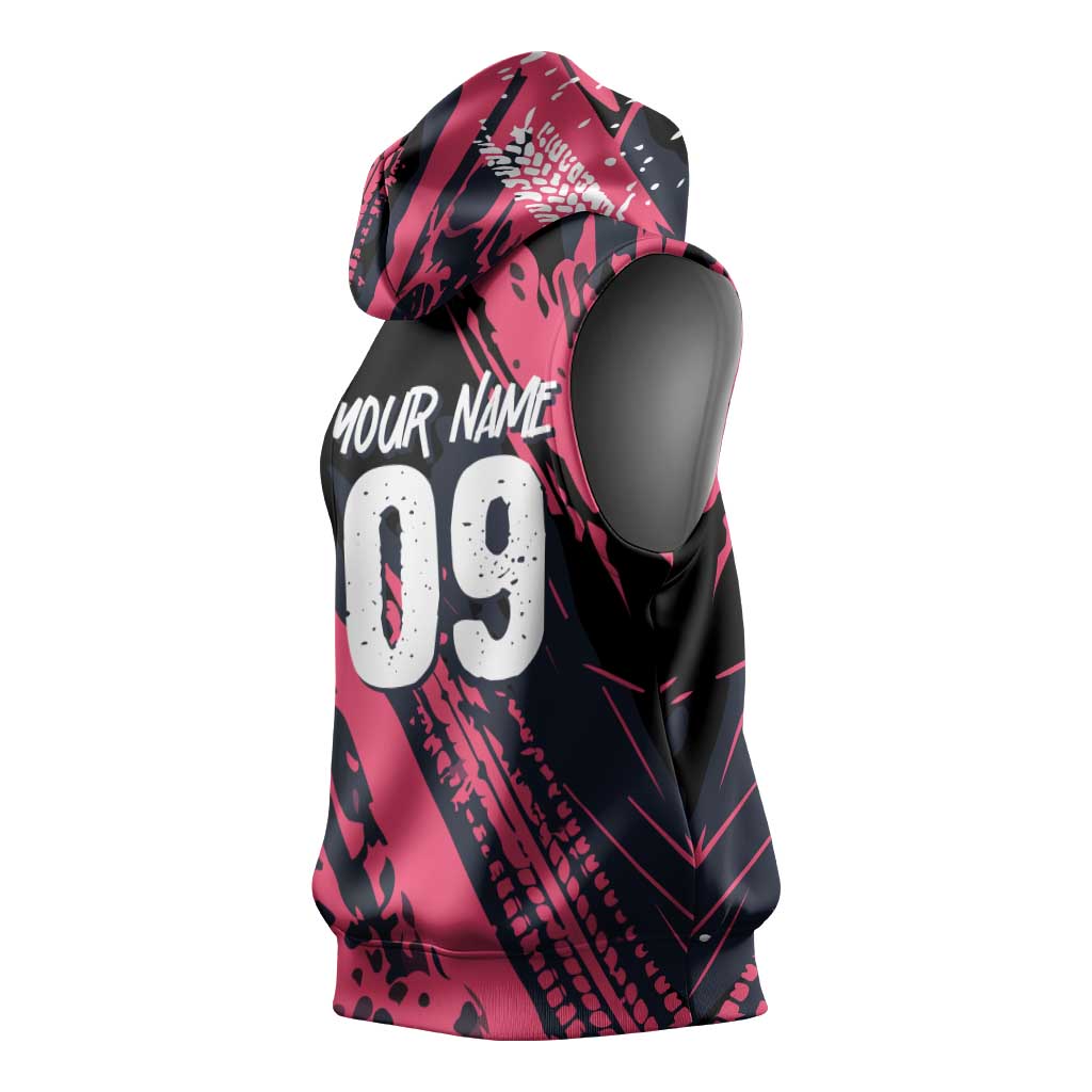Custom Extreme Motocross Pink Sleeveless Hoodie with Bold Tire Track Graphics - Wonder Print Shop