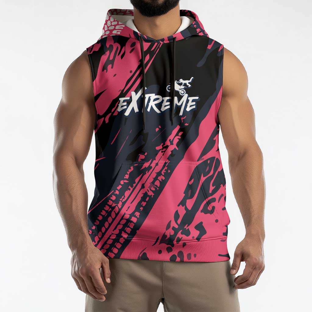 Custom Extreme Motocross Pink Sleeveless Hoodie with Bold Tire Track Graphics - Wonder Print Shop