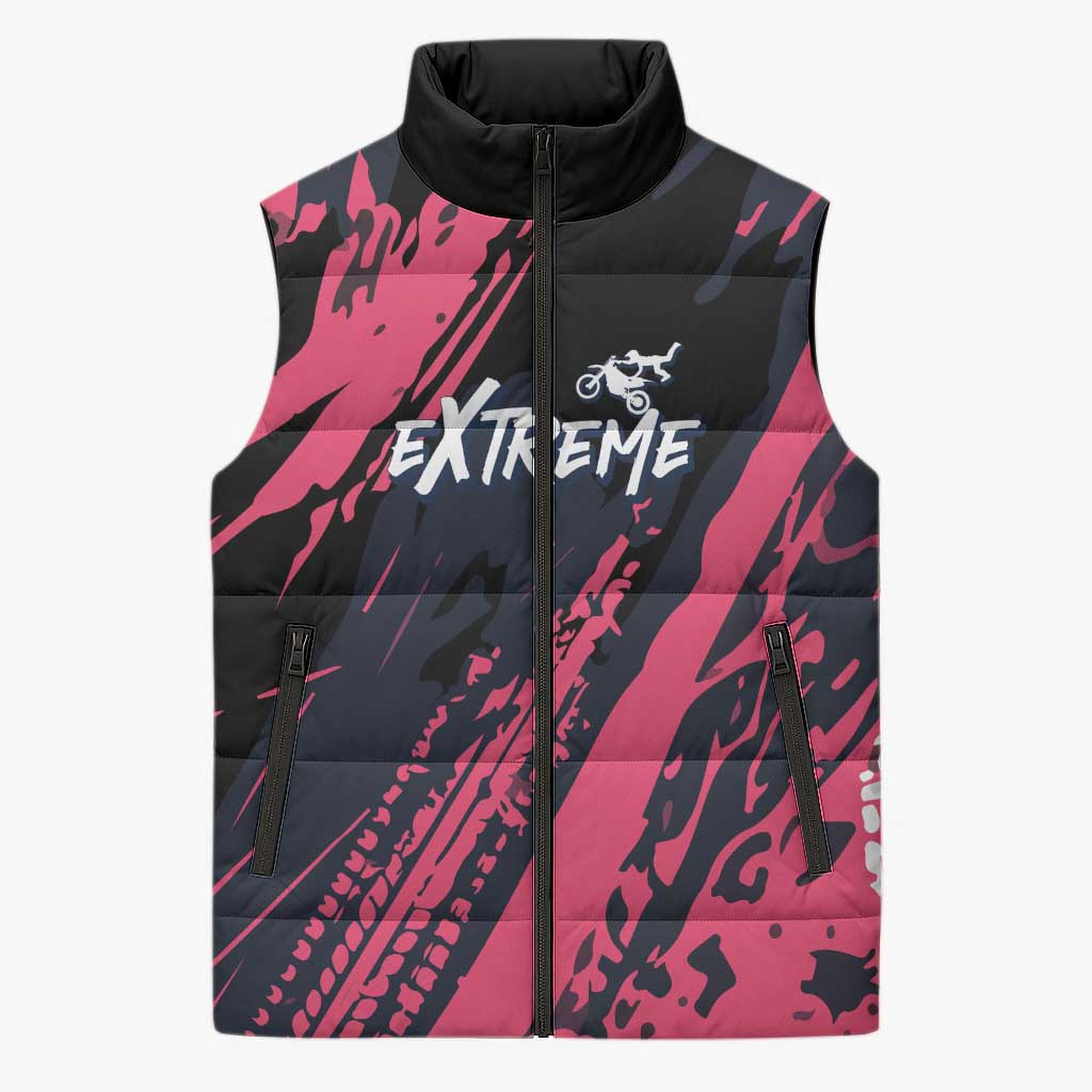 Custom Extreme Motocross Pink Sleeveless Puffer Jacket with Bold Tire Track Graphics - Wonder Print Shop