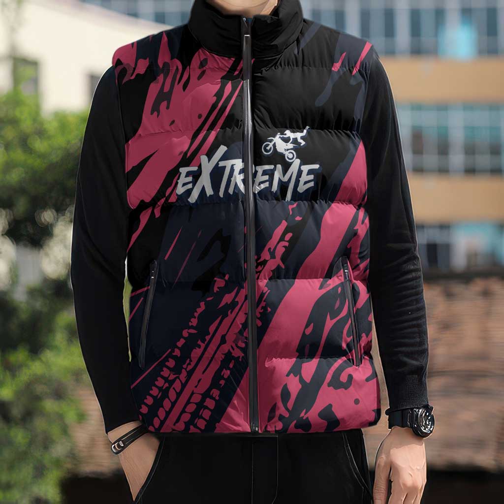 Custom Extreme Motocross Pink Sleeveless Puffer Jacket with Bold Tire Track Graphics - Wonder Print Shop