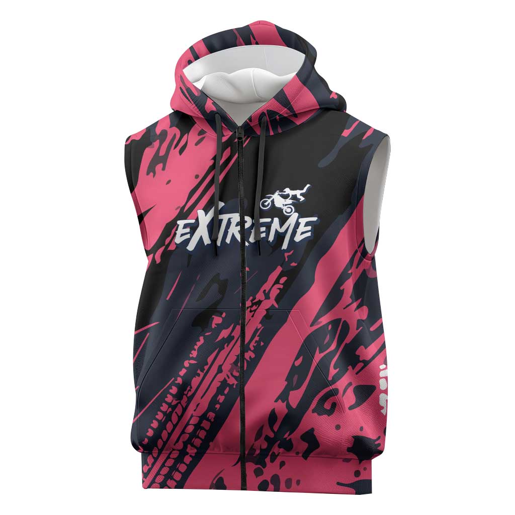 Custom Extreme Motocross Pink Sleeveless Zip Hoodie with Bold Tire Track Graphics - Wonder Print Shop
