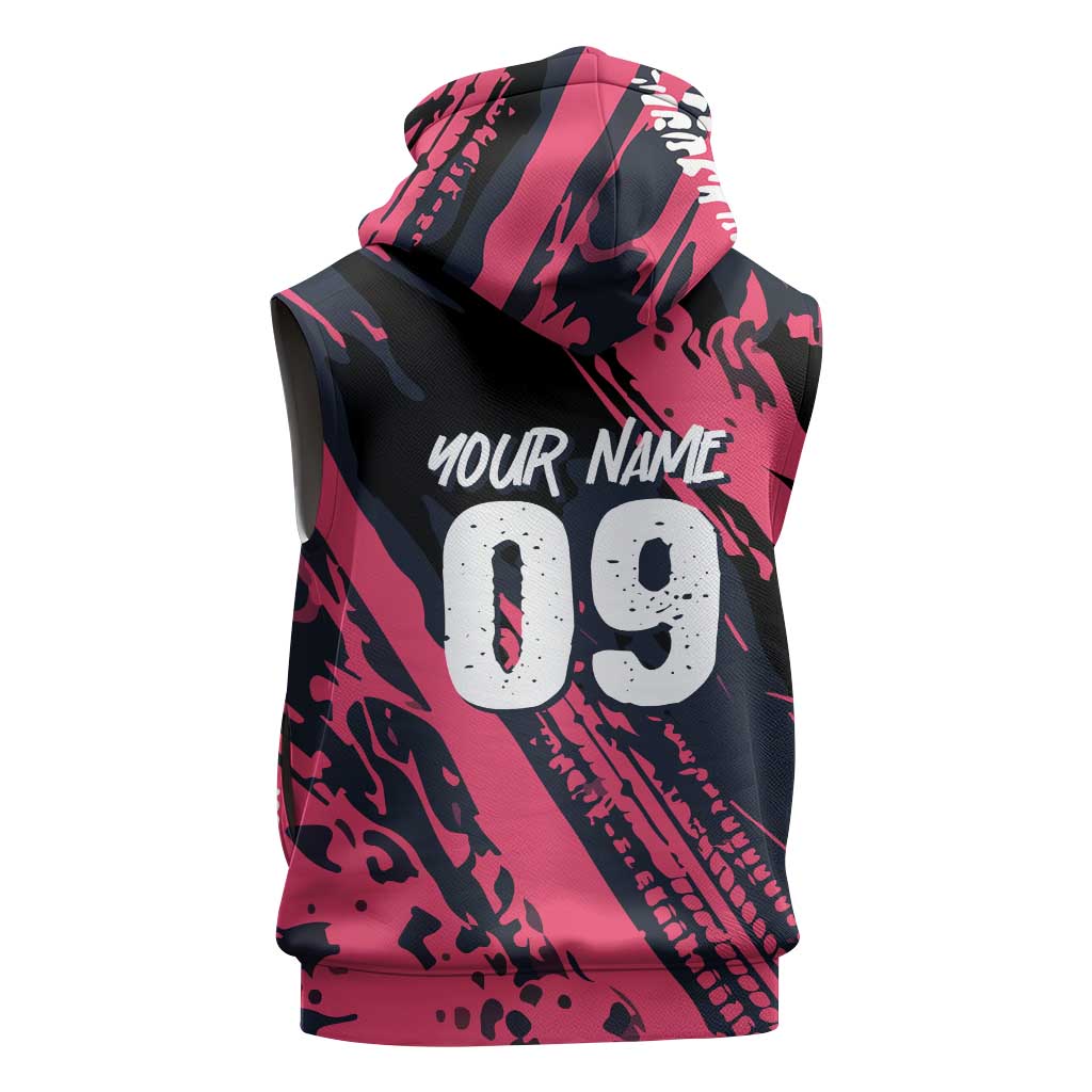 Custom Extreme Motocross Pink Sleeveless Zip Hoodie with Bold Tire Track Graphics - Wonder Print Shop