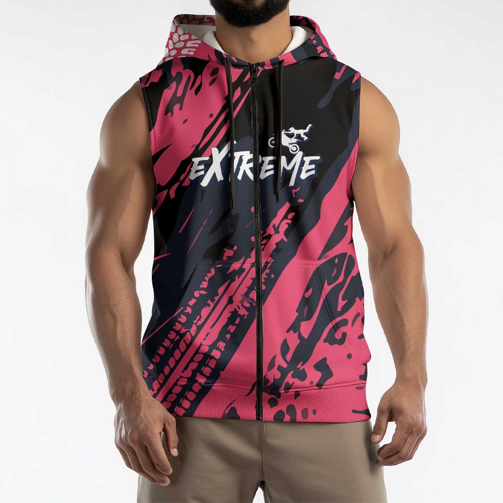 Custom Extreme Motocross Pink Sleeveless Zip Hoodie with Bold Tire Track Graphics - Wonder Print Shop