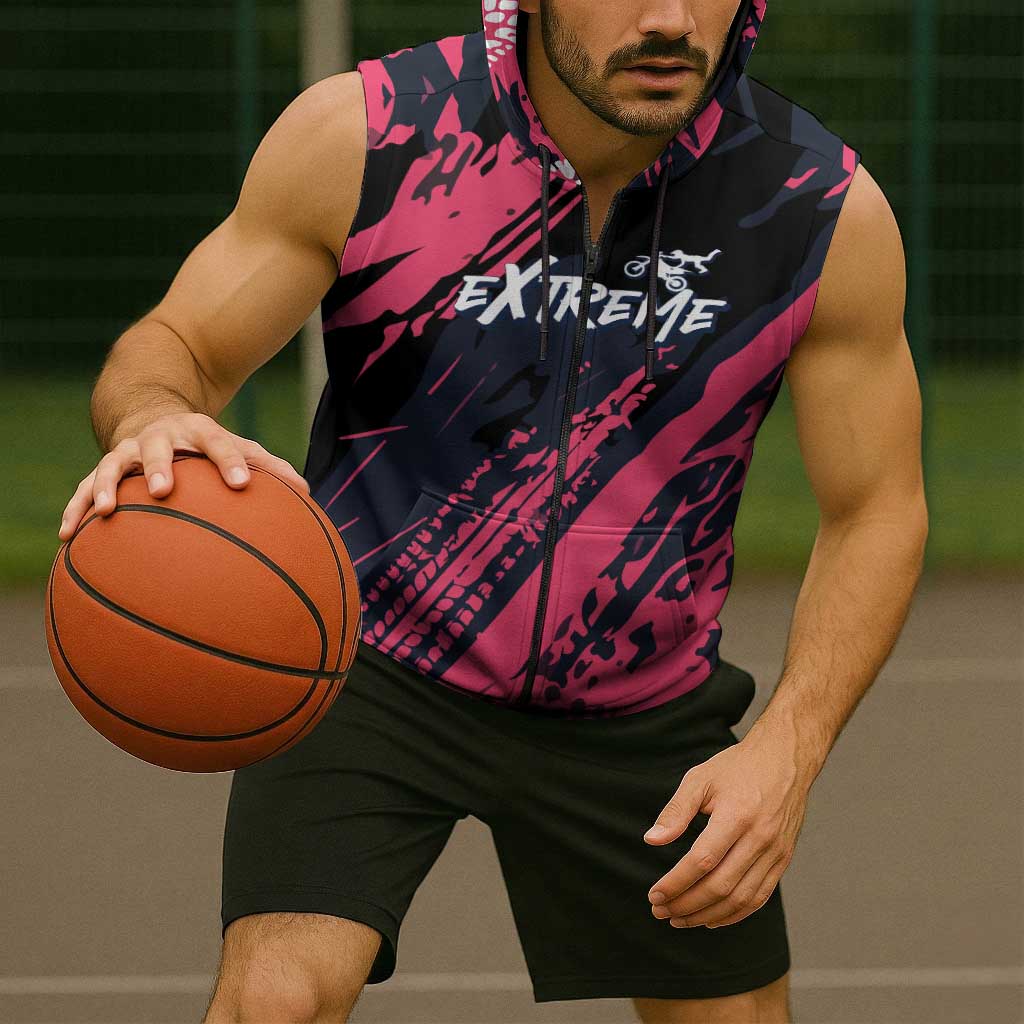 Custom Extreme Motocross Pink Sleeveless Zip Hoodie with Bold Tire Track Graphics - Wonder Print Shop