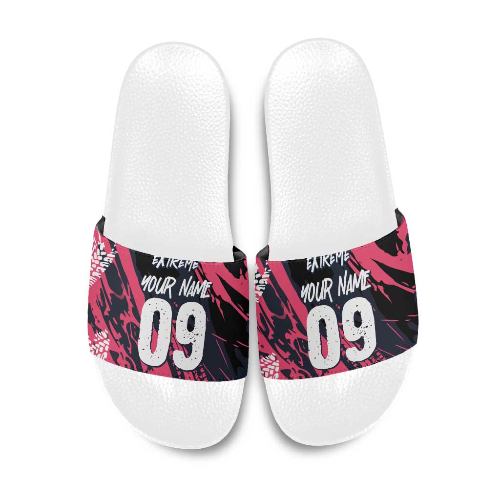 Custom Extreme Motocross Pink Slide Sandals with Bold Tire Track Graphics - Wonder Print Shop