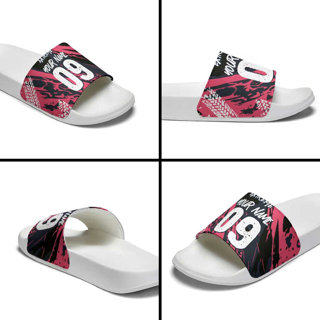 Custom Extreme Motocross Pink Slide Sandals with Bold Tire Track Graphics - Wonder Print Shop