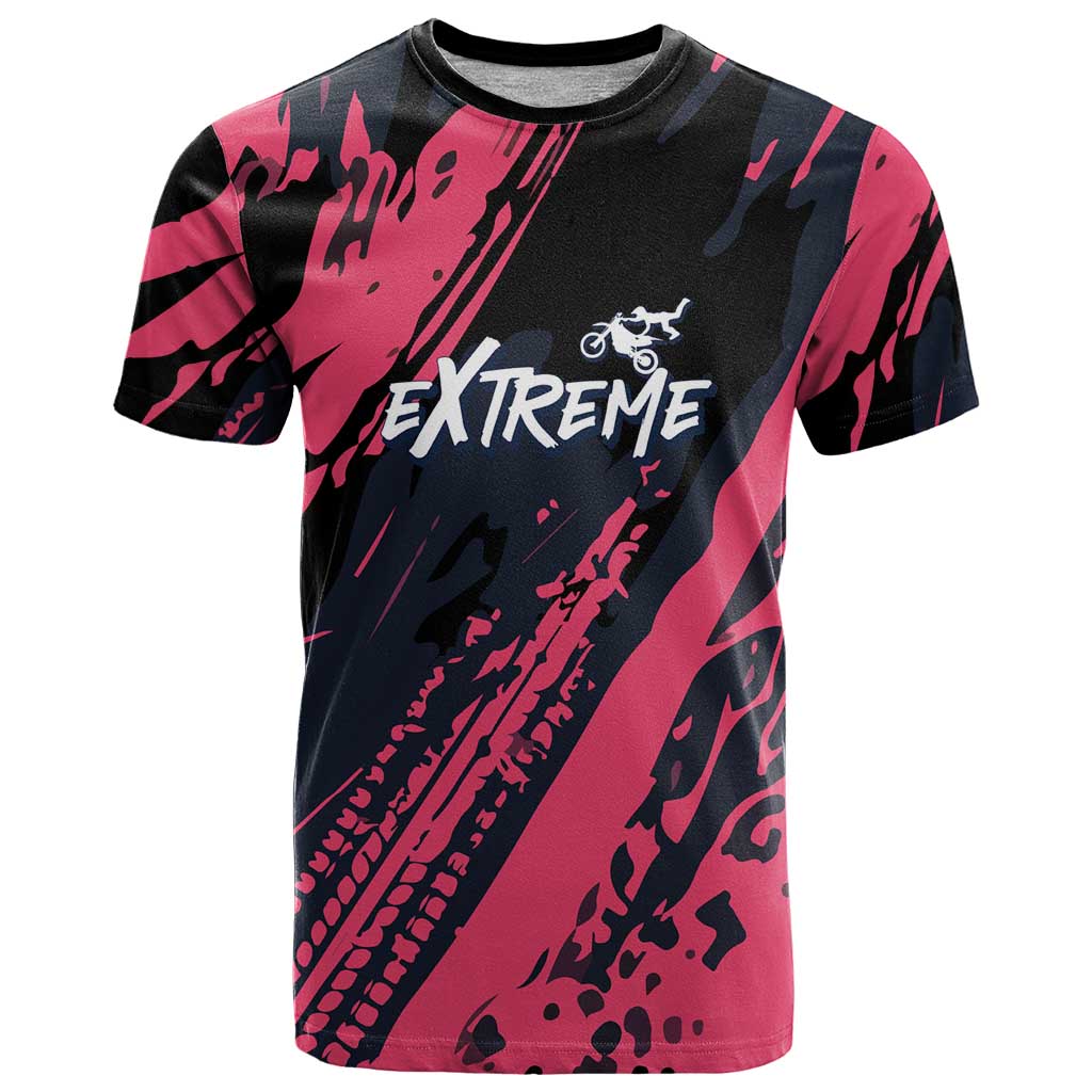 Custom Extreme Motocross Pink T Shirt with Bold Tire Track Graphics - Wonder Print Shop