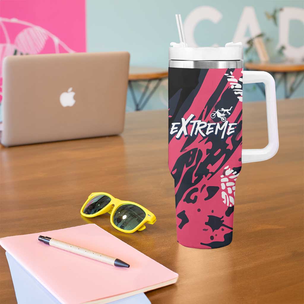 Custom Extreme Motocross Pink Tumbler With Handle with Bold Tire Track Graphics - Wonder Print Shop