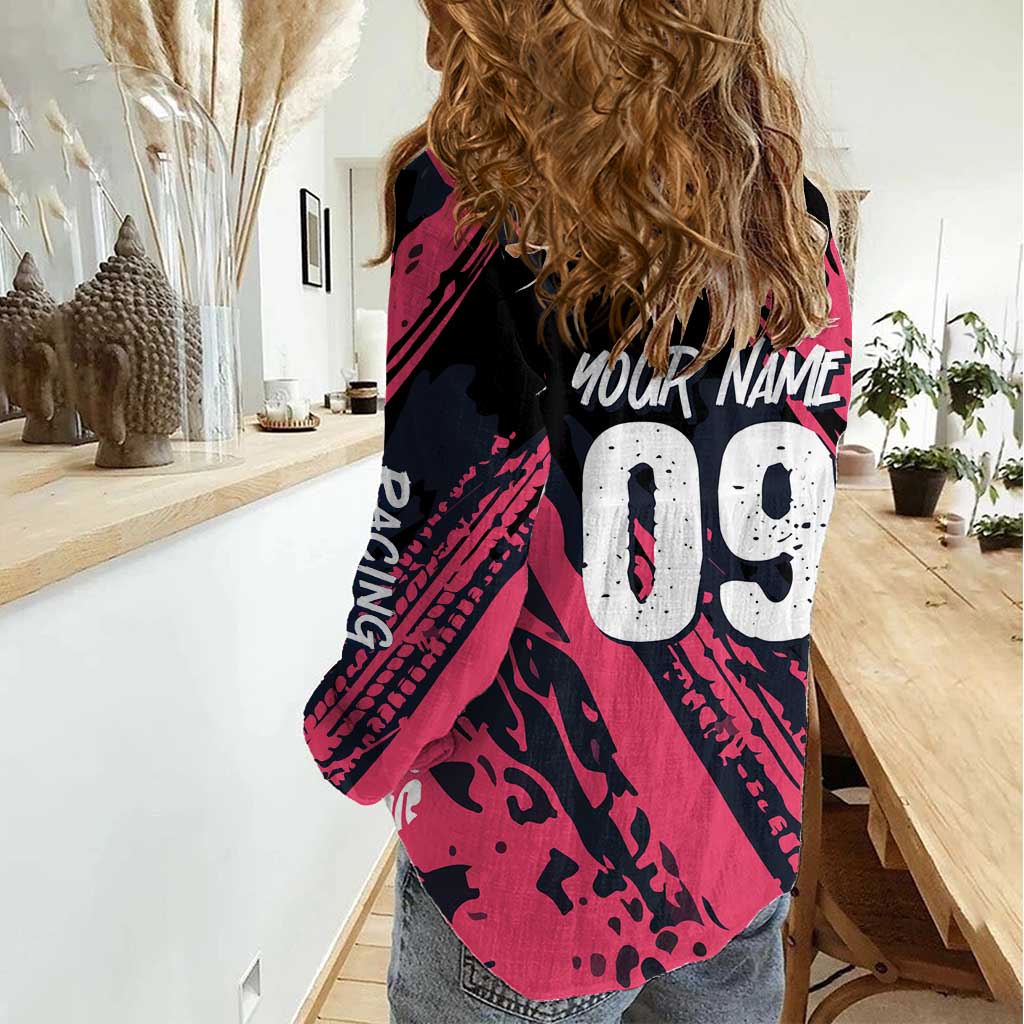 Custom Extreme Motocross Pink Women Casual Shirt with Bold Tire Track Graphics - Wonder Print Shop