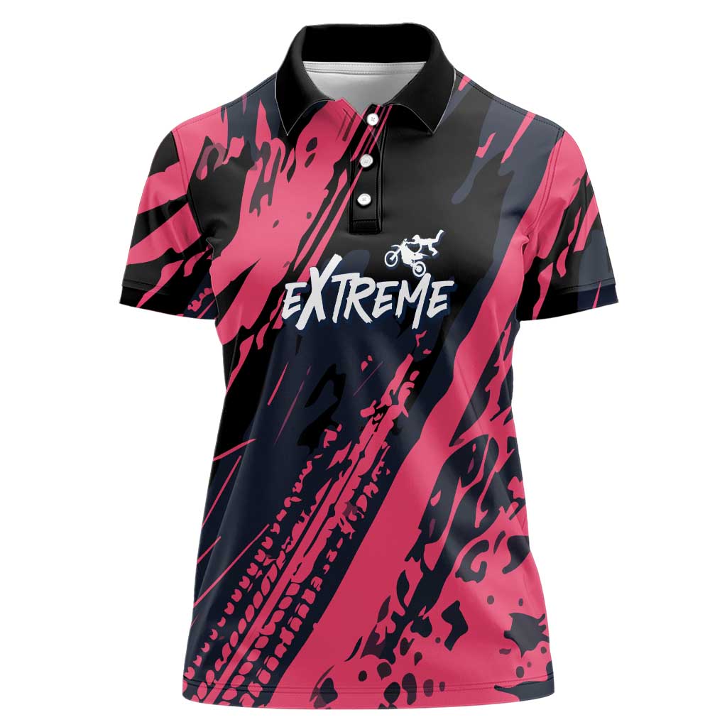 Custom Extreme Motocross Pink Women Polo Shirt with Bold Tire Track Graphics - Wonder Print Shop