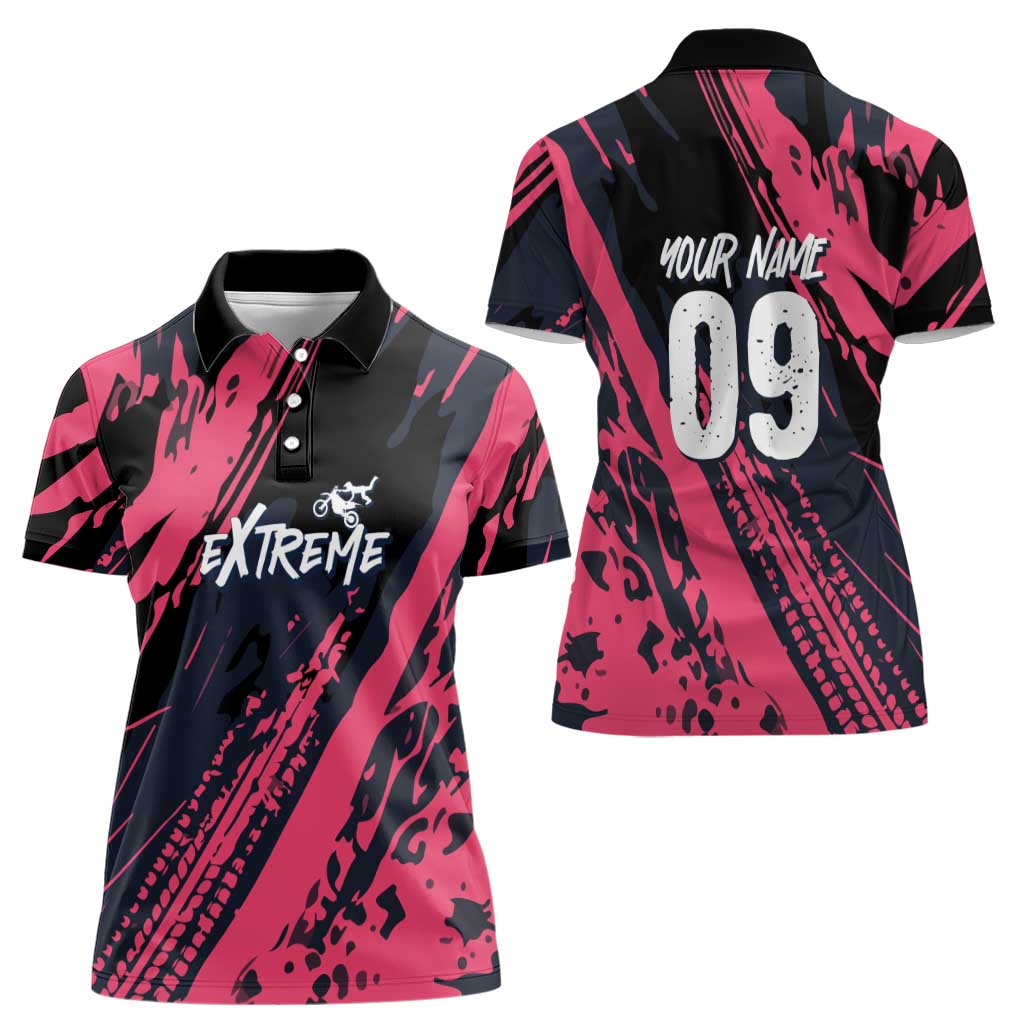 Custom Extreme Motocross Pink Women Polo Shirt with Bold Tire Track Graphics - Wonder Print Shop