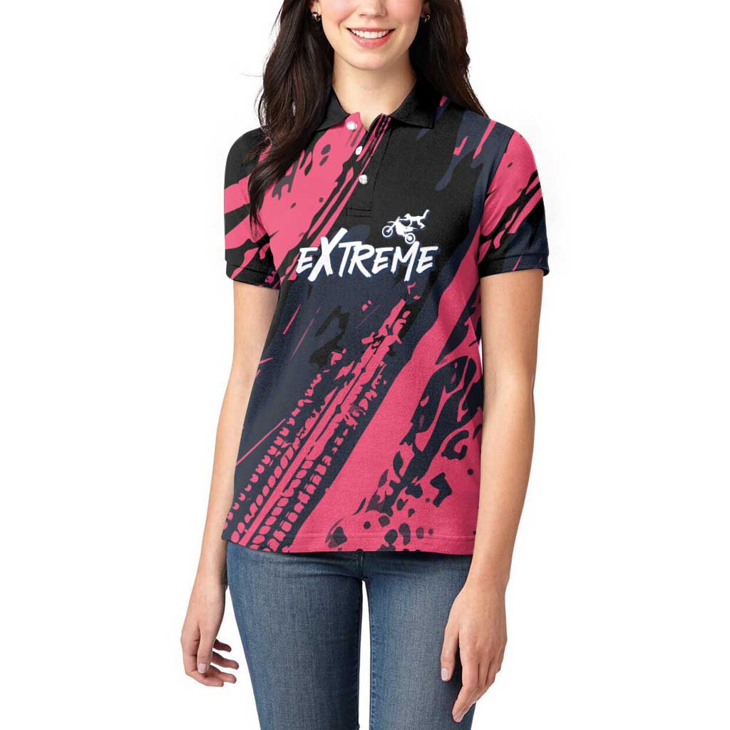Custom Extreme Motocross Pink Women Polo Shirt with Bold Tire Track Graphics - Wonder Print Shop