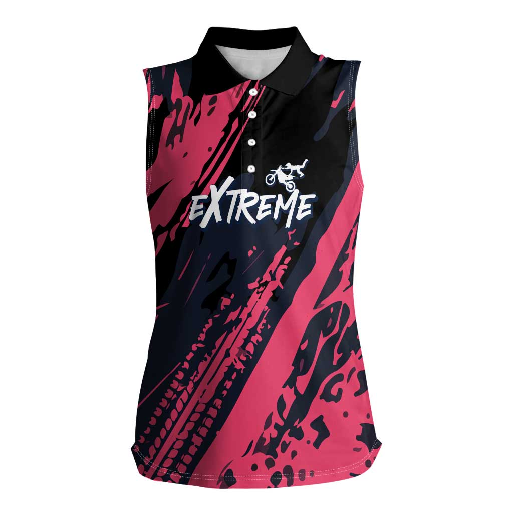 Custom Extreme Motocross Pink Women Sleeveless Polo Shirt with Bold Tire Track Graphics - Wonder Print Shop