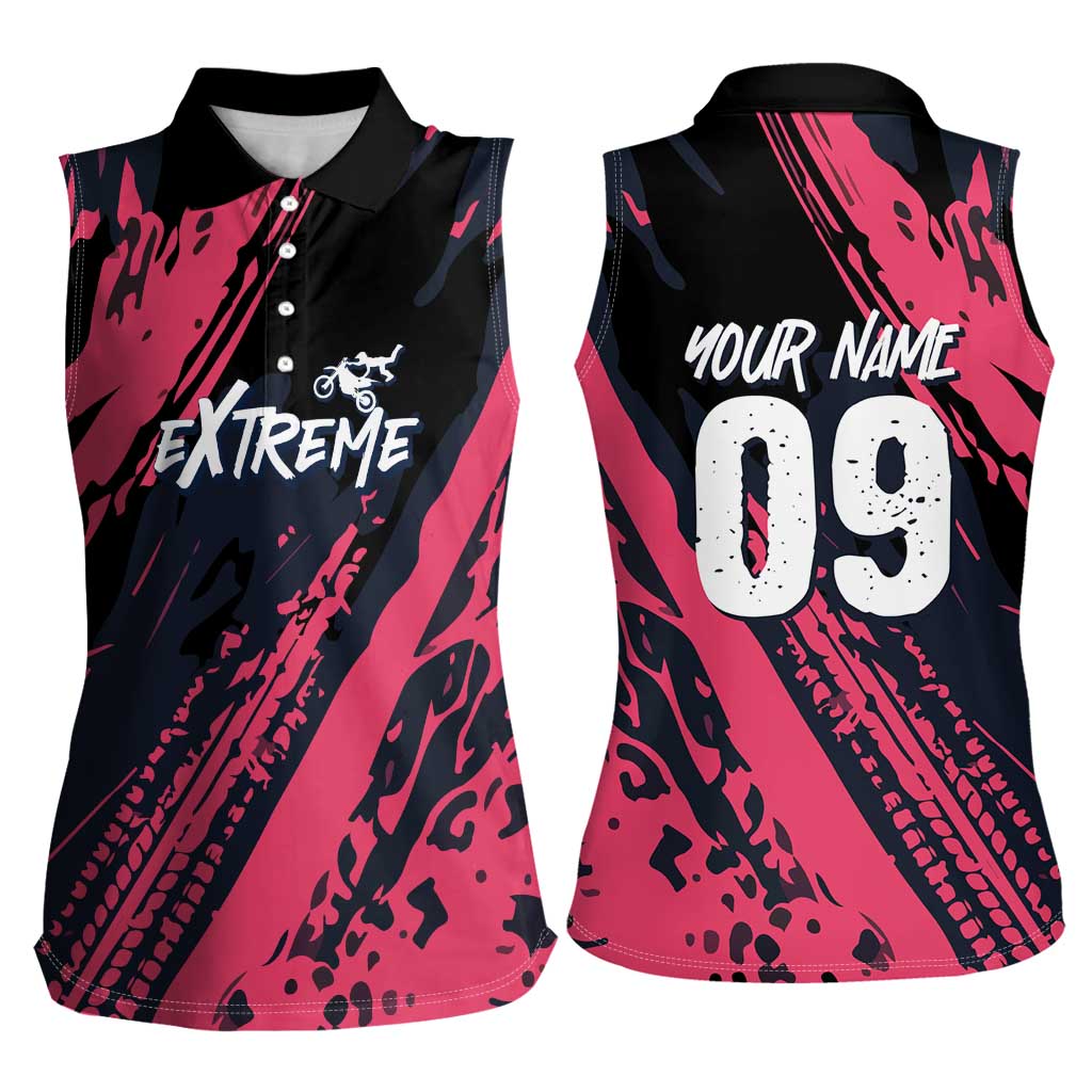 Custom Extreme Motocross Pink Women Sleeveless Polo Shirt with Bold Tire Track Graphics - Wonder Print Shop