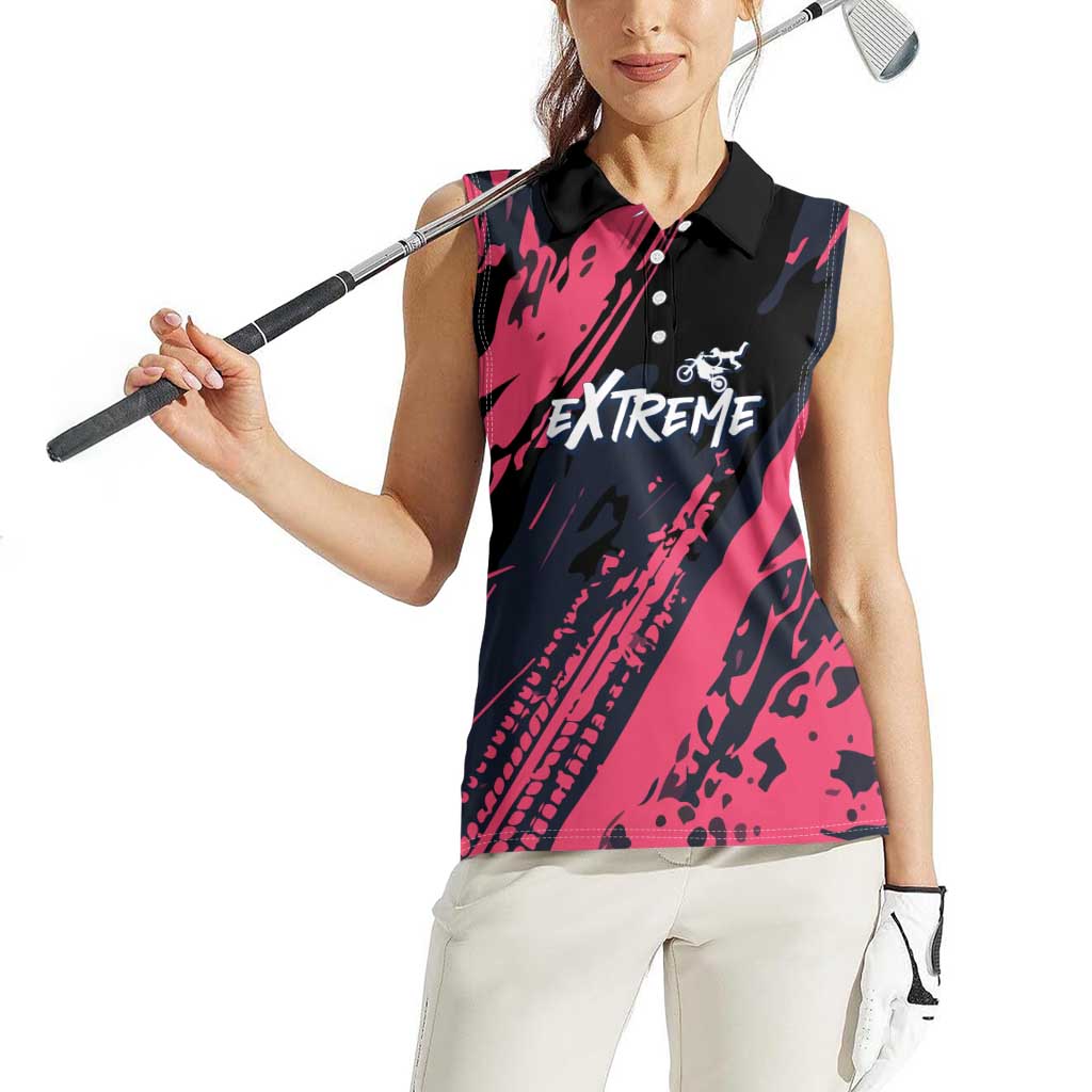Custom Extreme Motocross Pink Women Sleeveless Polo Shirt with Bold Tire Track Graphics - Wonder Print Shop