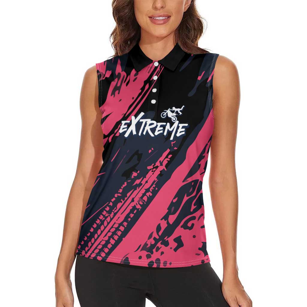 Custom Extreme Motocross Pink Women Sleeveless Polo Shirt with Bold Tire Track Graphics - Wonder Print Shop