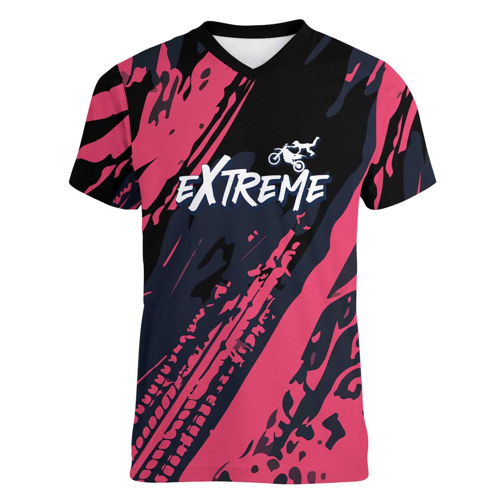 Custom Extreme Motocross Pink Women V-Neck T-Shirt with Bold Tire Track Graphics - Wonder Print Shop