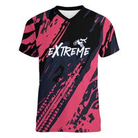 Custom Extreme Motocross Pink Women V-Neck T-Shirt with Bold Tire Track Graphics - Wonder Print Shop