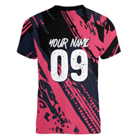 Custom Extreme Motocross Pink Women V-Neck T-Shirt with Bold Tire Track Graphics - Wonder Print Shop