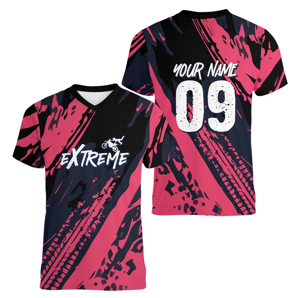Custom Extreme Motocross Pink Women V-Neck T-Shirt with Bold Tire Track Graphics - Wonder Print Shop