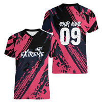 Custom Extreme Motocross Pink Women V-Neck T-Shirt with Bold Tire Track Graphics - Wonder Print Shop