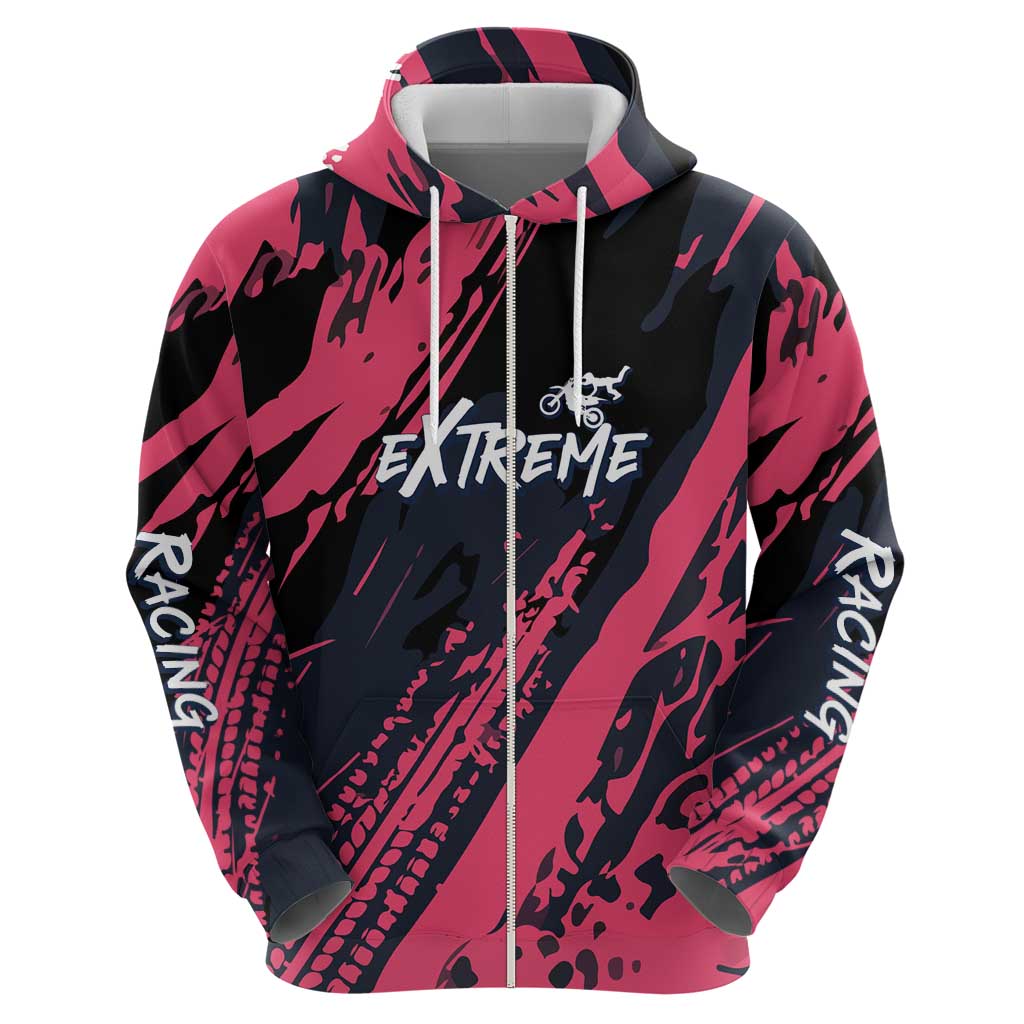 Custom Extreme Motocross Pink Zip Hoodie with Bold Tire Track Graphics - Wonder Print Shop