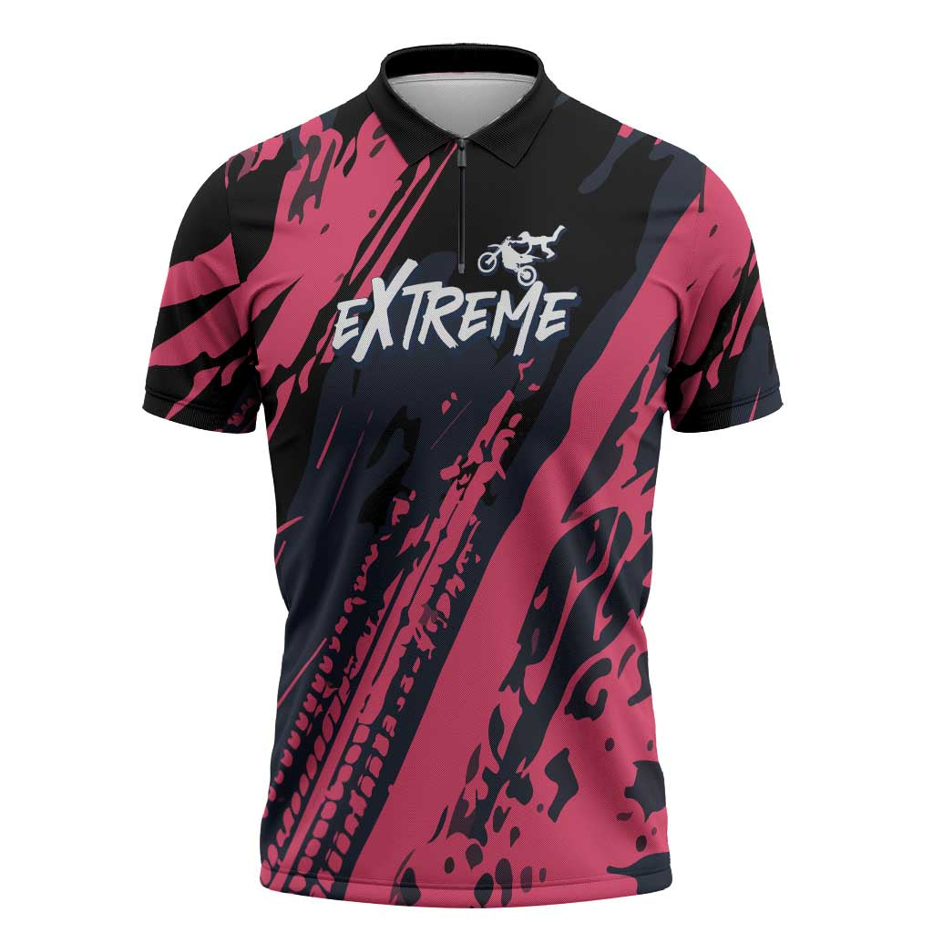 Custom Extreme Motocross Pink Zipper Polo Shirt with Bold Tire Track Graphics - Wonder Print Shop