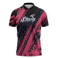 Custom Extreme Motocross Pink Zipper Polo Shirt with Bold Tire Track Graphics - Wonder Print Shop