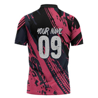Custom Extreme Motocross Pink Zipper Polo Shirt with Bold Tire Track Graphics - Wonder Print Shop
