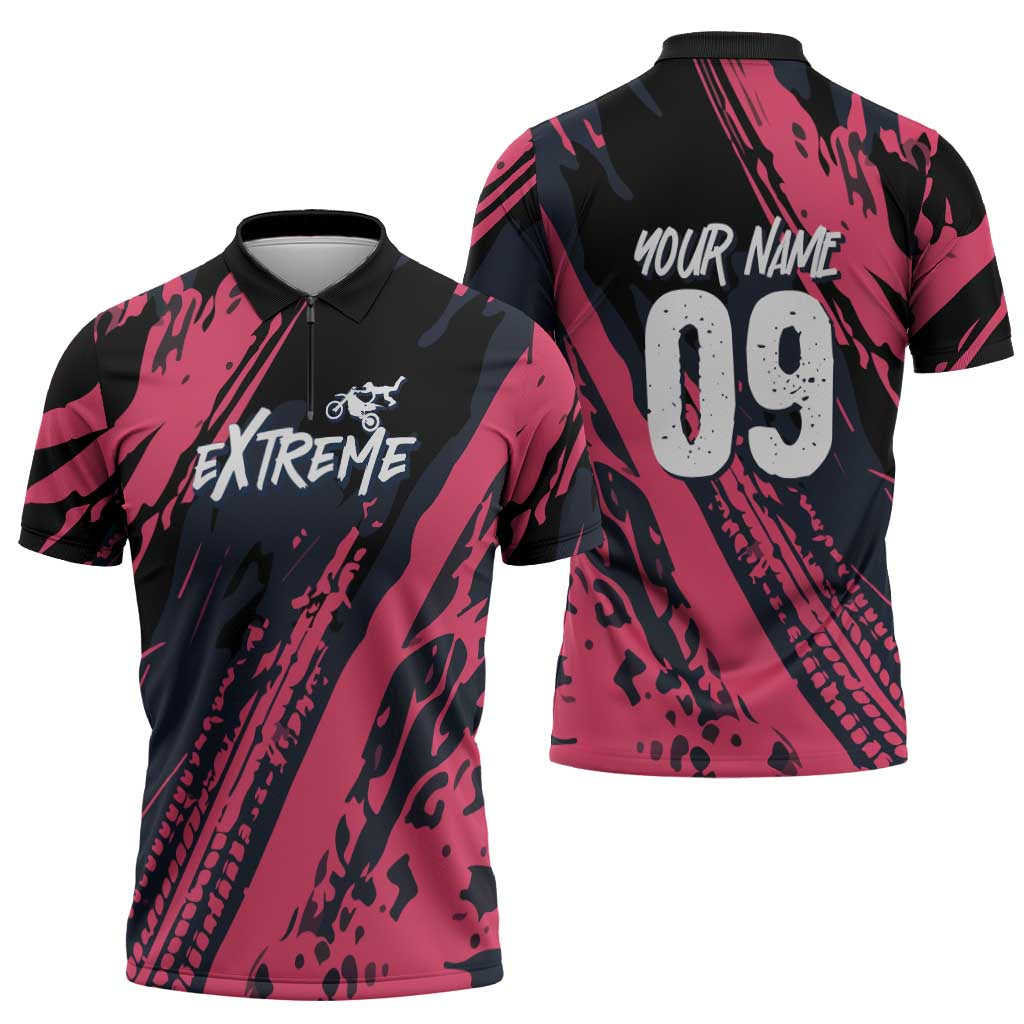 Custom Extreme Motocross Pink Zipper Polo Shirt with Bold Tire Track Graphics - Wonder Print Shop