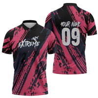 Custom Extreme Motocross Pink Zipper Polo Shirt with Bold Tire Track Graphics - Wonder Print Shop