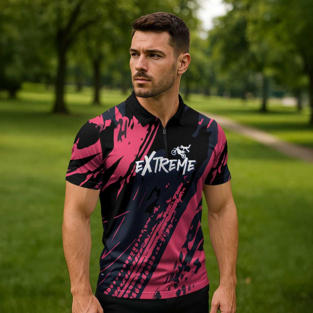 Custom Extreme Motocross Pink Zipper Polo Shirt with Bold Tire Track Graphics - Wonder Print Shop