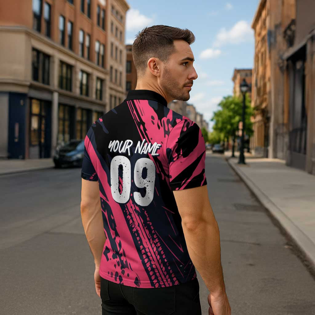 Custom Extreme Motocross Pink Zipper Polo Shirt with Bold Tire Track Graphics - Wonder Print Shop