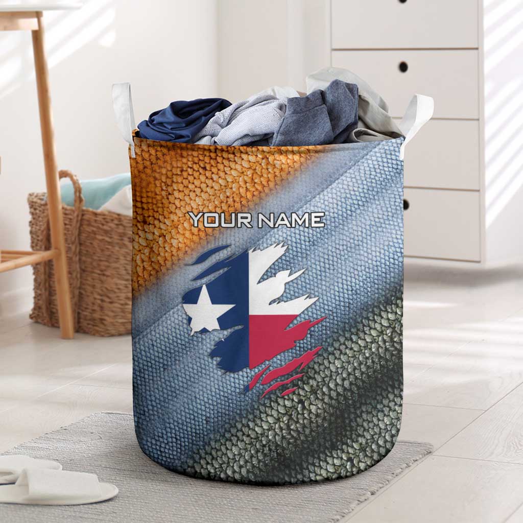 Custom Texas Flag Laundry Basket with Ripped Effect and Fish Scale Pattern - Wonder Print Shop
