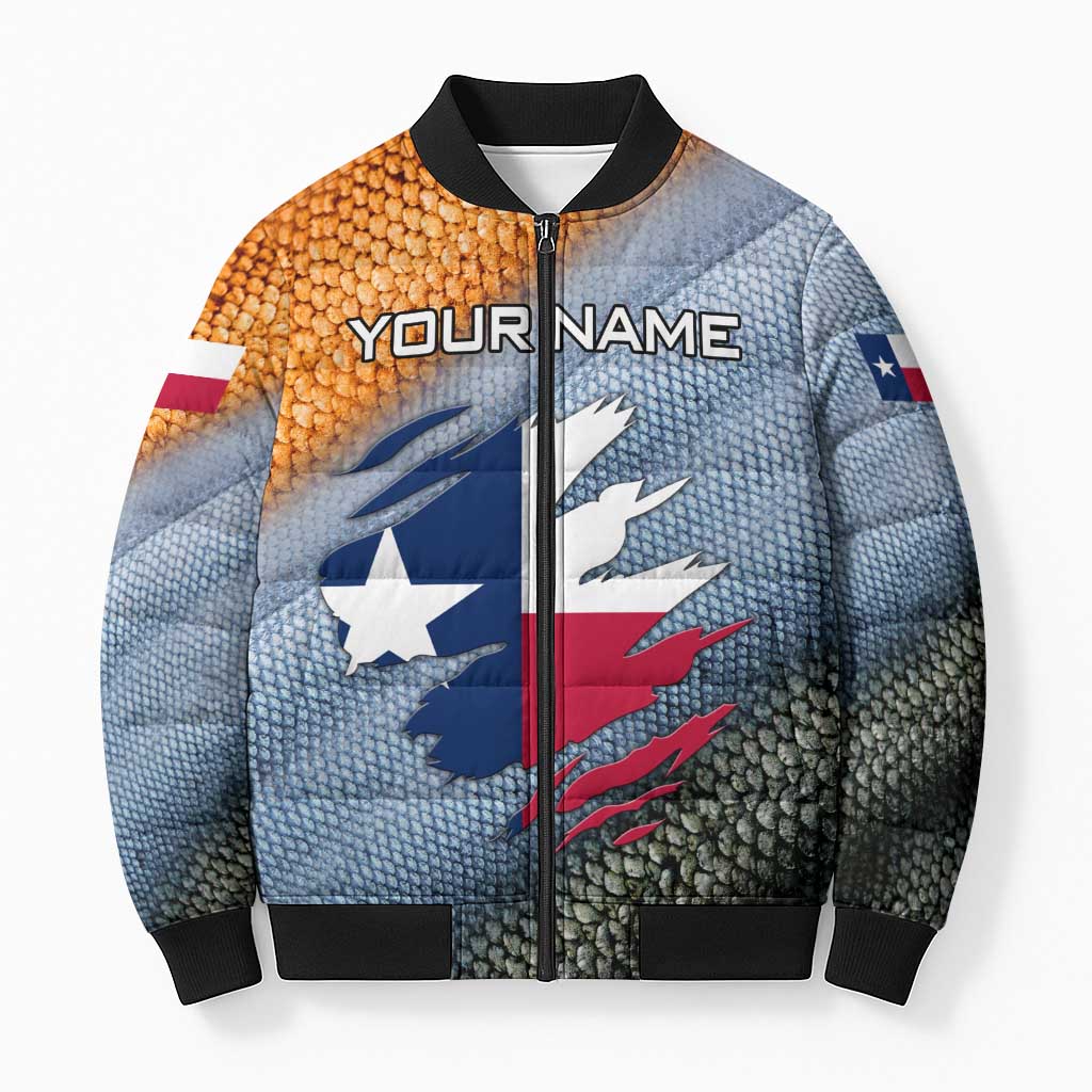 Custom Texas Flag Bomber Puffer Jacket with Ripped Effect and Fish Scale Pattern - Wonder Print Shop