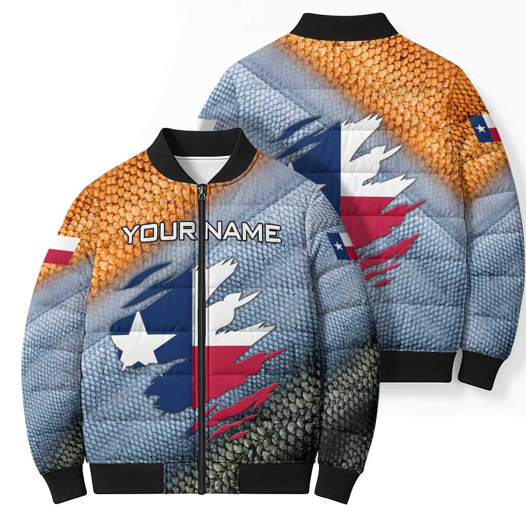Custom Texas Flag Bomber Puffer Jacket with Ripped Effect and Fish Scale Pattern - Wonder Print Shop
