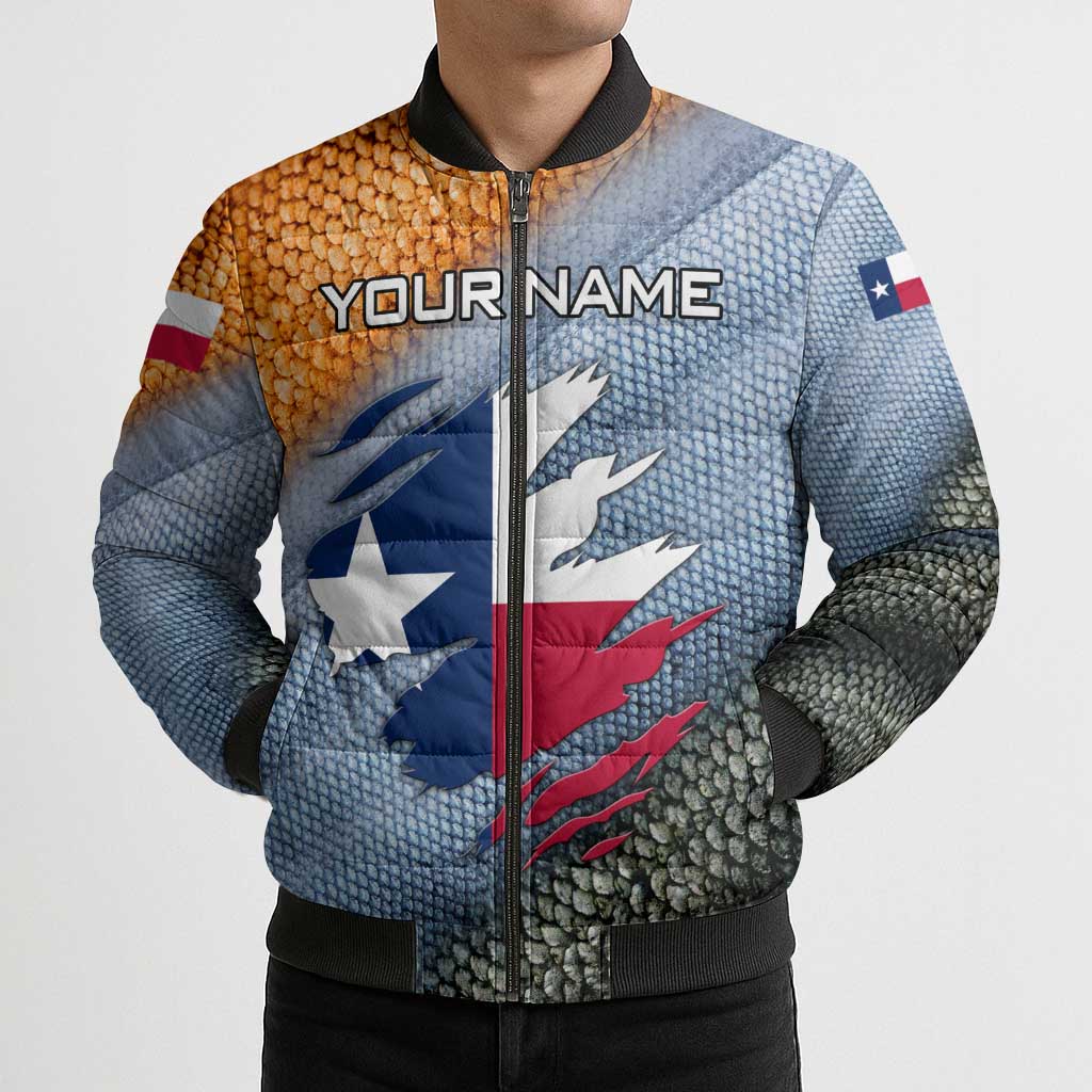Custom Texas Flag Bomber Puffer Jacket with Ripped Effect and Fish Scale Pattern - Wonder Print Shop
