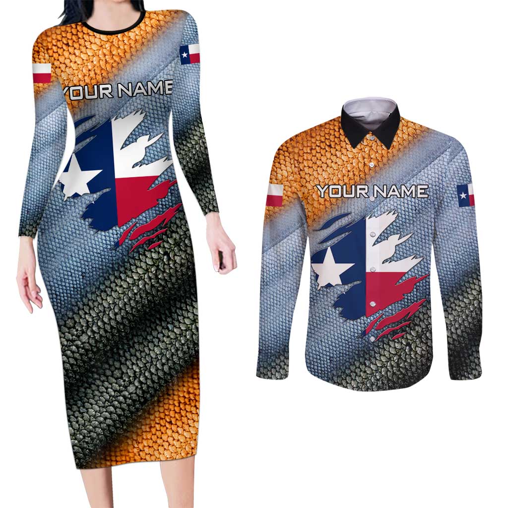 Custom Texas Flag Couples Matching Long Sleeve Bodycon Dress and Long Sleeve Button Shirt with Ripped Effect and Fish Scale Pattern - Wonder Print Shop