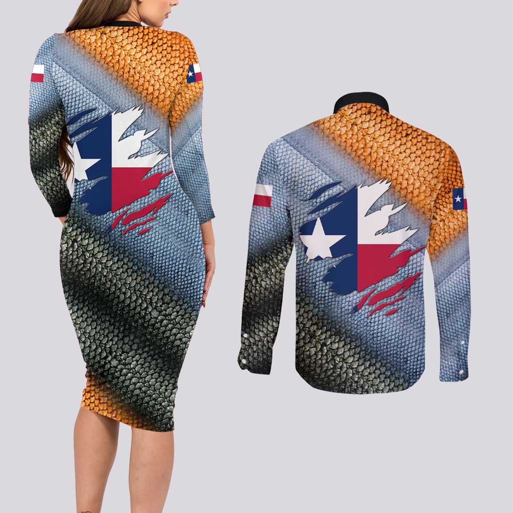 Custom Texas Flag Couples Matching Long Sleeve Bodycon Dress and Long Sleeve Button Shirt with Ripped Effect and Fish Scale Pattern - Wonder Print Shop