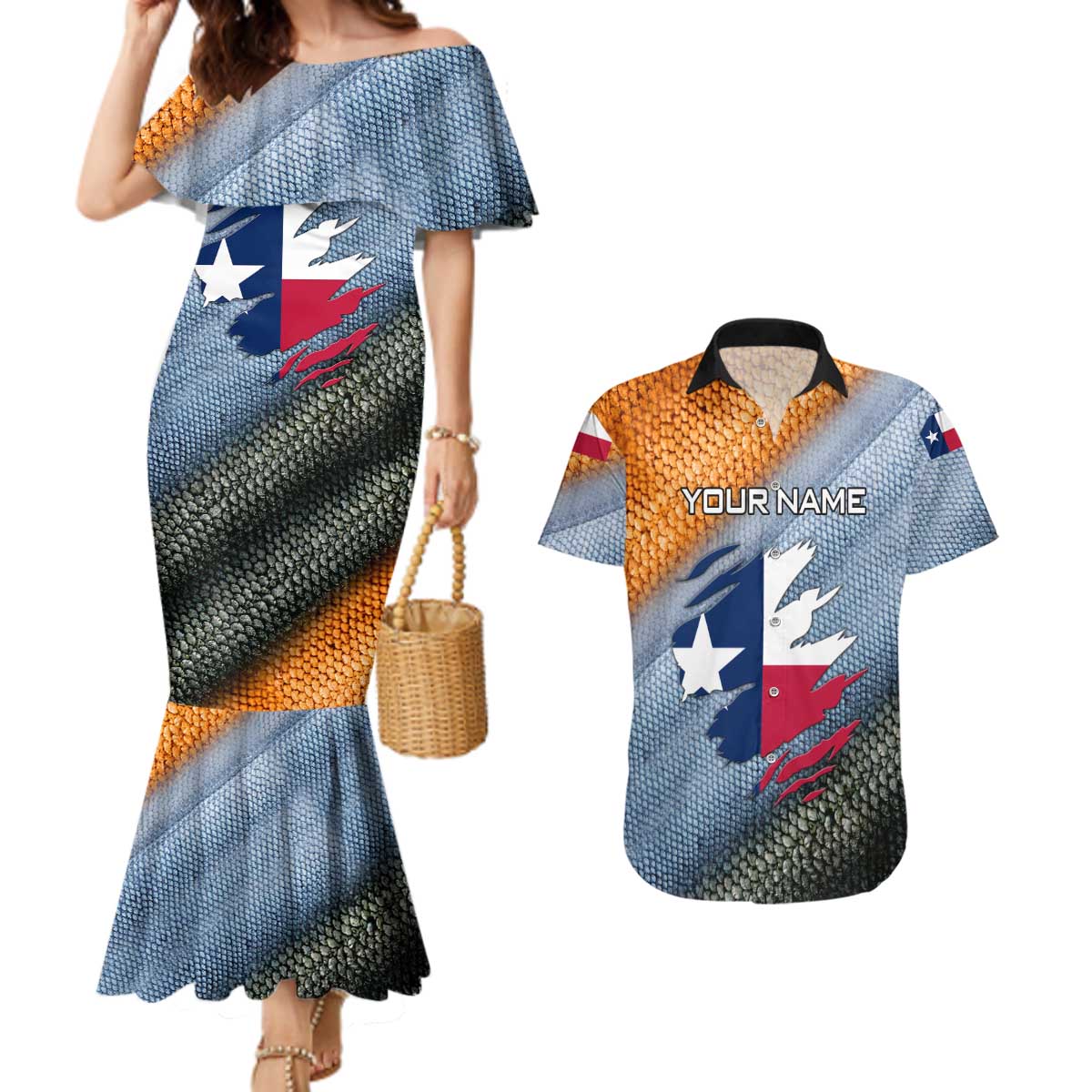 Custom Texas Flag Couples Matching Mermaid Dress and Hawaiian Shirt with Ripped Effect and Fish Scale Pattern - Wonder Print Shop