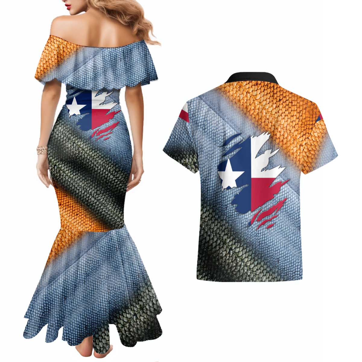 Custom Texas Flag Couples Matching Mermaid Dress and Hawaiian Shirt with Ripped Effect and Fish Scale Pattern - Wonder Print Shop