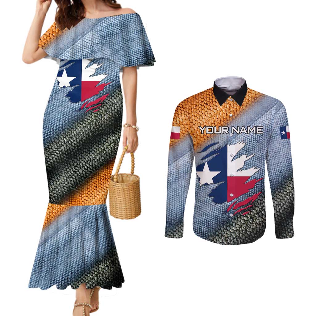 Custom Texas Flag Couples Matching Mermaid Dress and Long Sleeve Button Shirt with Ripped Effect and Fish Scale Pattern - Wonder Print Shop