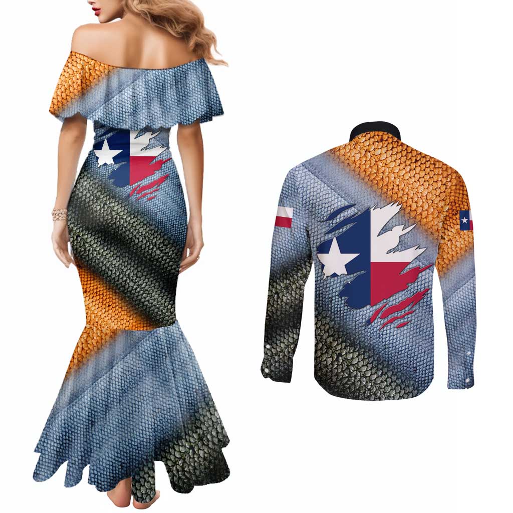 Custom Texas Flag Couples Matching Mermaid Dress and Long Sleeve Button Shirt with Ripped Effect and Fish Scale Pattern - Wonder Print Shop
