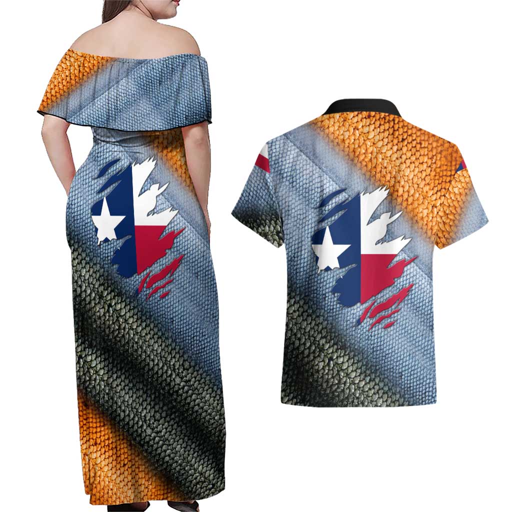 Custom Texas Flag Couples Matching Off Shoulder Maxi Dress and Hawaiian Shirt with Ripped Effect and Fish Scale Pattern - Wonder Print Shop